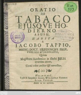 Oratio De Tabaco Eiusque Hodierno Abusu