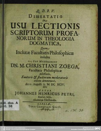 Dissertatio de usu lectionis scriptorum profanorum in theologia dogmatica