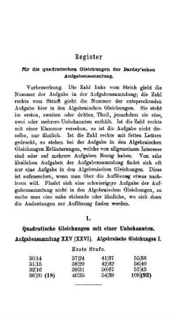 Register für die quadratischen Gleichungen.