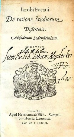 Iacobi Focani De ratione Studiorum Dißertatio