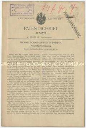 Patentschrift einer zwangläufigen Ventilsteuerung an Dampfmaschinen, Patent-Nr. 38579