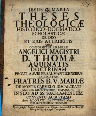 Theses Theologicae Historico-Dogmatico-Scholasticae De Deo Et Ejus Attributis