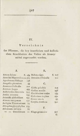 IV. Verzeichnis der Pflanzen, die bey innerlichen und äusserlichen Krankheiten des Vieches als Arzneymittel angewendet werden