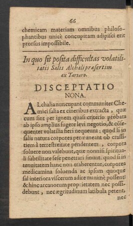 In quo sit posita difficultas volatilitatis Salis Alchali praesertim ex Tartaro. Disceptatio Nona.