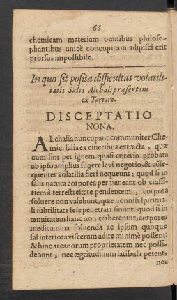 In quo sit posita difficultas volatilitatis Salis Alchali praesertim ex Tartaro. Disceptatio Nona.