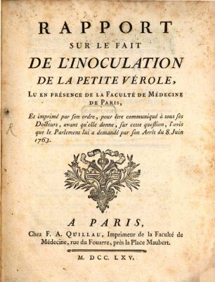 Rapport sur ... l'inoculation de la petite vérole