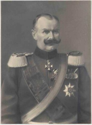 König Wilhelm II. von Württemberg in Uniform, Schärpe und Orden, Brustbild in Halbprofil
