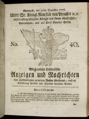 No. 40. Montags, den 30ten September 1776.
