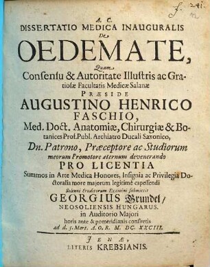 Dissertatio Medica Inauguralis De Oedemate