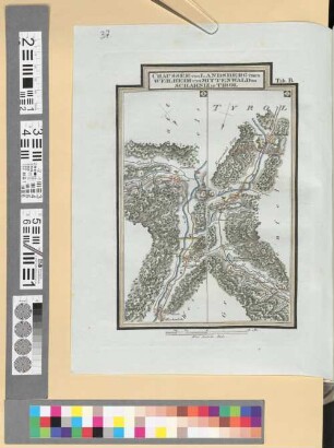 Reise Atlas von Bajern oder Geographisch-geometrische Darstellung aller bajrischen Haupt- und Landstraßen mit den daranliegenden Ortschaften und Gegenden : nebst Kurzer Beschreibungen alles dessen, was auf und an einer jeden der gezeichneten Straßen für den Reisenden merkwürdig seyn kann. [Gewidmet] Joseph August Grafen von Toerring. 37, Chaussée von Landsberg Über Weilheim Und Mittenwald Bis Scharniz Im Tirol : Tab. B