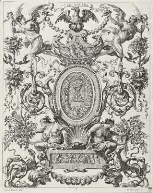 Monogramm-Medaillon in Grotesken-Umrahmung