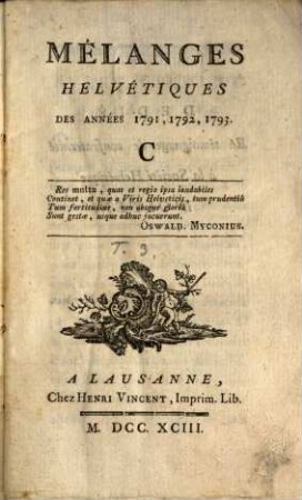 Mélanges Helvétiques De 1782 à 1786, 3. Années 1791, 1792, 1793
