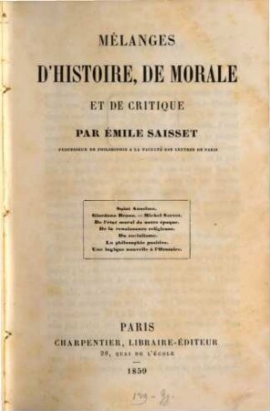 Mélanges d'histoire, de morale et de critique