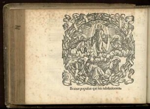 Holzschnitt 10,4x10,3 : Mit Spruchband und Darstellung der Himmelfahrt Jesu Christi, darunter Motto: Beatus populus quid [quid = gestrichen] scit iubilationem