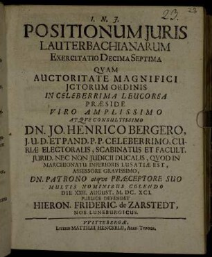 Positionum Juris Lauterbachianarum Exercitatio Decima Septima