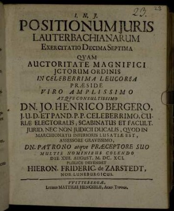 Positionum Juris Lauterbachianarum Exercitatio Decima Septima