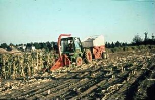Fotografie: Ernteverfahren, Silomais, Maishäcksler angebaut, Umhängeverfahren, Trommelfeldhäcksler, Containersystem