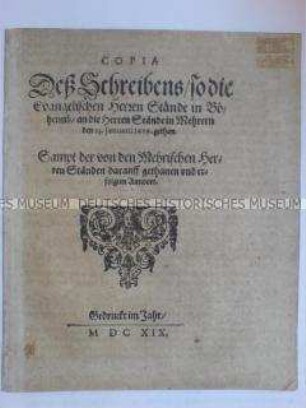 Schreiben der protestantischen Stände Böhmens an die Stände in Mähren 1619