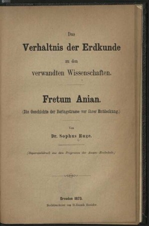Das Verhältnis der Erdkunde zu den verwandten Wissenschaften