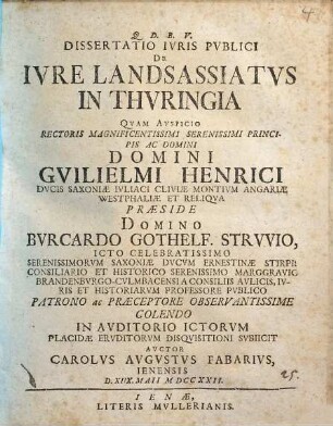 Dissertatio Ivris Pvblici De Ivre Landsassiatvs In Thvringia