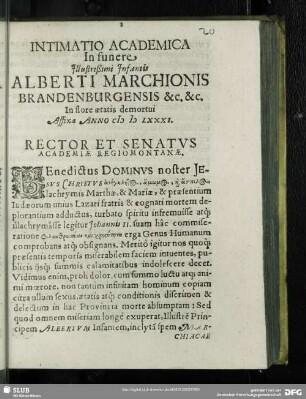 Intimatio Academiae In funere Illustrißimi Infantis Alberti Marchionis Brandenburgensis &c. &c. In flore aetatis demortui Affixa Anno MDLXXXI