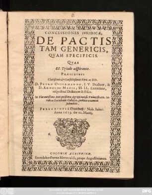 Conclusiones Iuridicae, De Pactis Tam Genericis, Quam Specificis