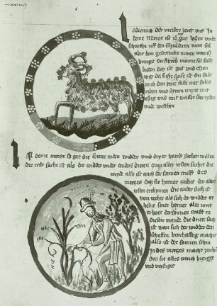 Illumination eines Lehrbuchs der Astronomie: :Schriftspiegel und Medaillons mit Tierkreiszeichen Widder und Monatsbild März mit schilfhauendem Bauern