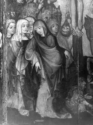 Altaraufsatz mit Kreuzigung : Altaraufsatz mit Kreuzigung. Tempera auf Fichtenholz (um 1400). Maria und die Frauen unter dem Kreuz. Graz: Steiermärkisches Landesmuseum Joanneum