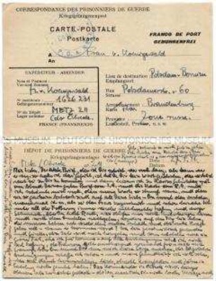 Vordruck-Postkarte von Harald von Koenigswald aus dem Kriegsgefangenenlager Metz-Obreck an seine Frau in Potsdam - Familienkonvolut