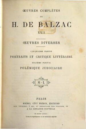 Ouevres complètes de H. de Balzac, 22. Oeuvres diverses ; 5. partie, Portraits et critique littéraire