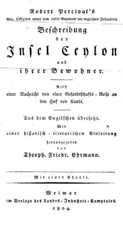 Robert Percival's Beschreibung der Insel Ceylon und ihrer Bewohner