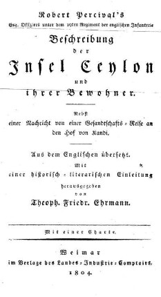Robert Percival's Beschreibung der Insel Ceylon und ihrer Bewohner