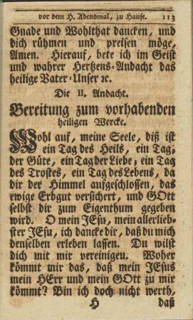 Die II. Andacht. Bereitung zum vorhabenden heiligen Wercke