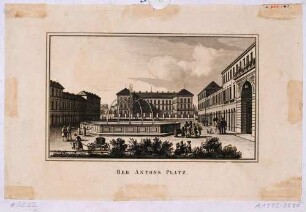 Der Antonsplatz in Dresden, Blick nach Norden auf das Postgebäude, rechts und links die Verkaufshallen, mittig der Artesische Brunnen