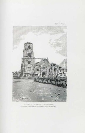 Lámina VII (b). Terremotos de Pangasinán, Marzo de 1892. Desmochado el campanario y destechada la iglesia de Mangaldán