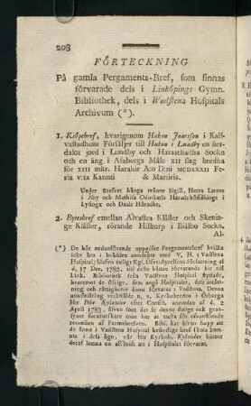 208-252, Förteckning Pä gamla Pergaments-Bref. som finnas förvarade...
