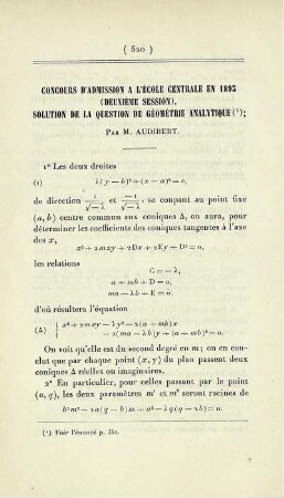 Concours d'admission a l'École Centrale en 1893 (deuxième session). Solution de la question de géométrie analytique.
