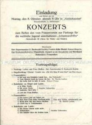 Einladung zu einem Konzert des Frauenvereins mit Programm