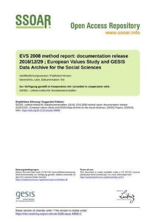 EVS 2008 method report: documentation release 2016/12/29 ; European Values Study and GESIS Data Archive for the Social Sciences