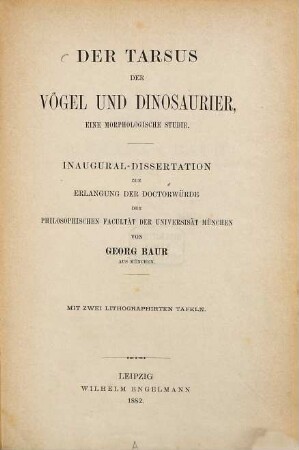 Der Tarsus der Vögel und Dinosaurier : Eine morpholog. Studie