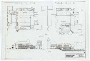 Wettbewerb Bürgerhaus Bensheim, Umbau Dalberger Hof (nicht realisiert) – Grundriss UG, Grundriss 1. OG, Westansicht, Nordansicht. Bensheim/Hessen