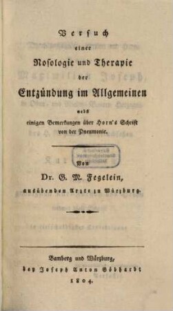 Versuch einer Nosologie und Therapie der Entzündung im Allgemeinen