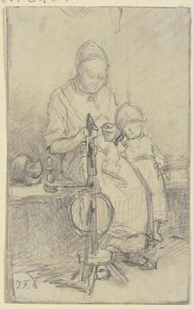 Eine Frau mit Kind und Katze beim Spinnrad sitzend