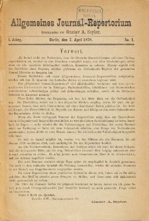 Allgemeines Journal-Repertorium, 1 = No. 1/6. 1878/79