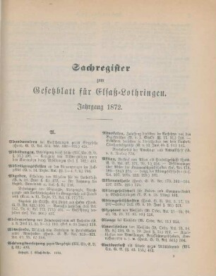 Sachregister zum Gesetzblatt für Elsaß-Lothringen. Jahrgang 1872