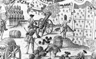 Zittau. Kanoniere der kaiserlich-königlichen Truppen vor Zittau, Ausschnitt aus: Prospekt der Stadt Zittau, 1757 (Sign.: VIII 130)