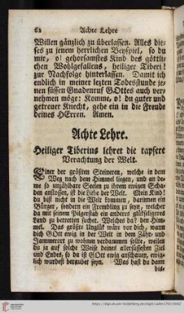 Achte Lehre. Heiliger Tiberius lehret die tapfere Verachtung der Welt