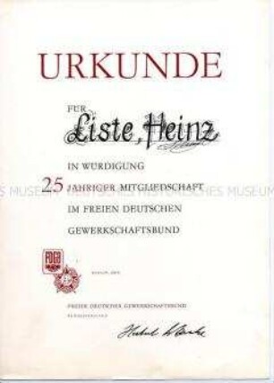 FDGB-Urkunde für 25jährige Mitgliedschaft in den Gewerkschaften