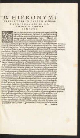 D. Hieronymi Presbyteri In Eusebii Caesariensis Chronicon Ad Vincentium Et Galienum Praefatio.