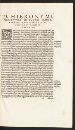 D. Hieronymi Presbyteri In Eusebii Caesariensis Chronicon Ad Vincentium Et Galienum Praefatio.